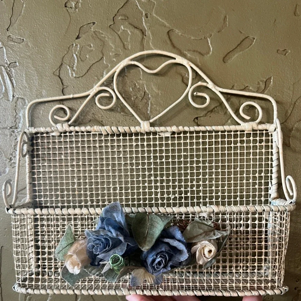 Vintage Cottagecore Cream Wire Wall Basket Heart Rosette Mail Organizer